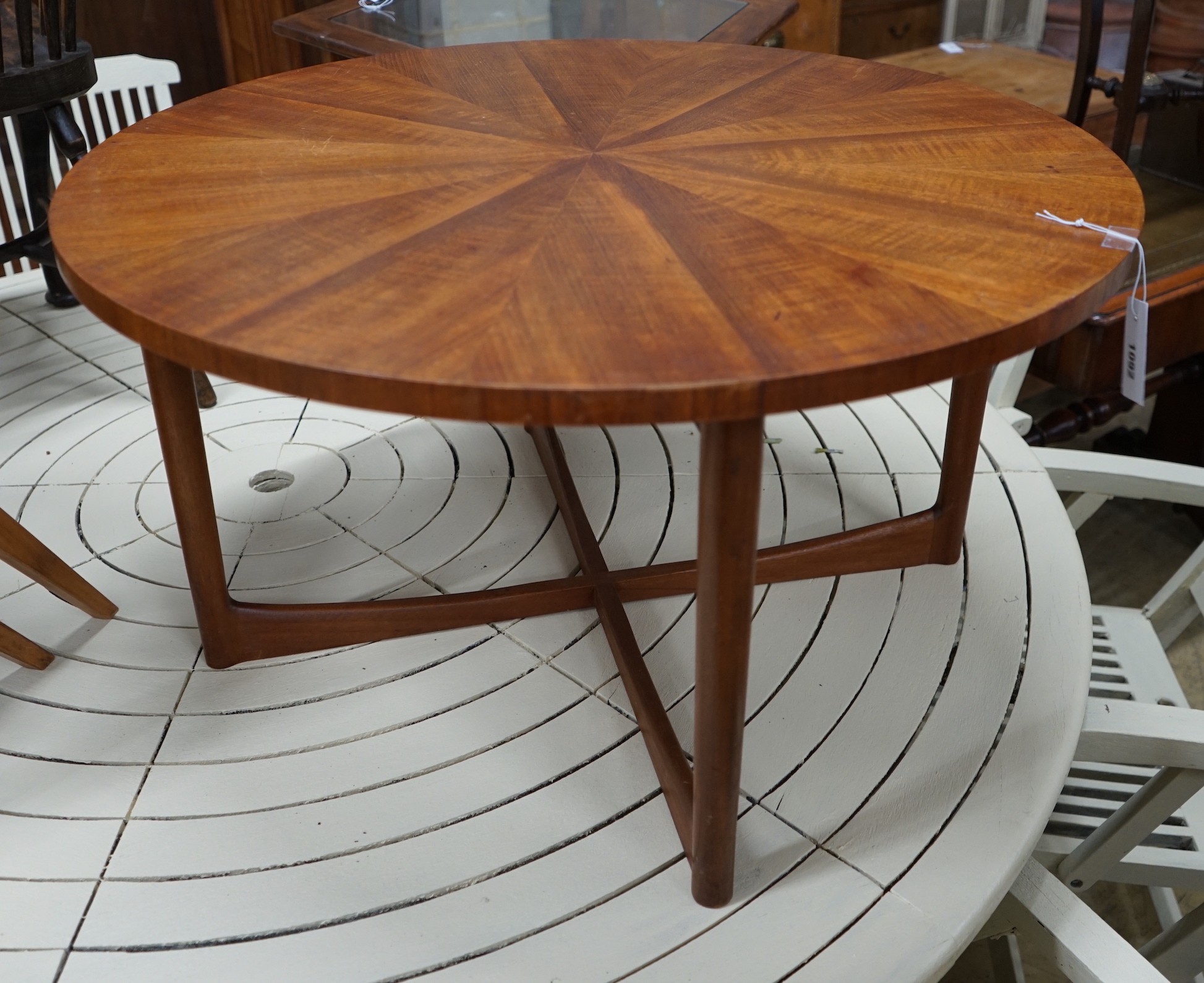 A Danish teak segmented top 1960's circular coffee table, diameter 83cm, height 46cm